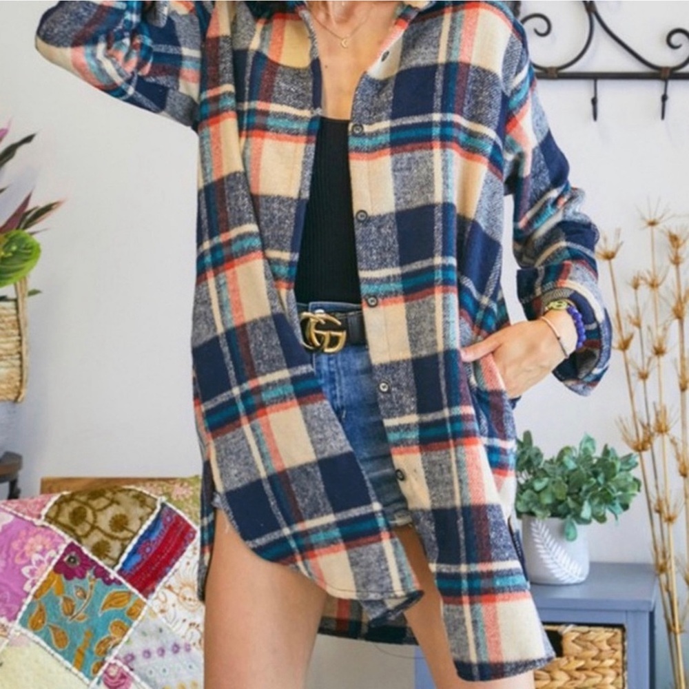 Flannel Plaid Shirt Long Shacket Multi Sizes NWT - Picture 3 of 8